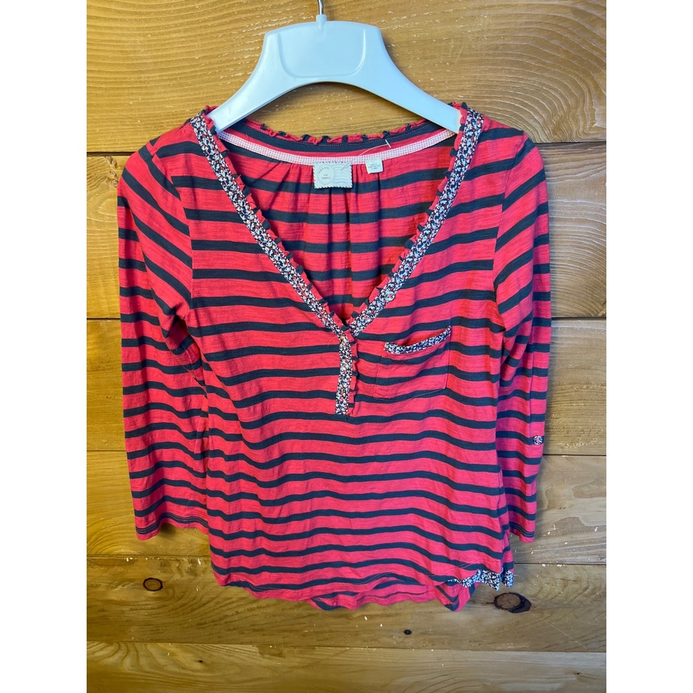 Anthropologie Striped Henley Top XS Floral Trim Long Sleeve Blouse Colorful Chic